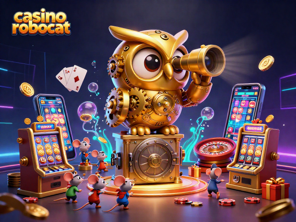 Catch exciting moments at casino robocat with a dazzling 3D scene featuring a whimsical golden owl and lively game elements.