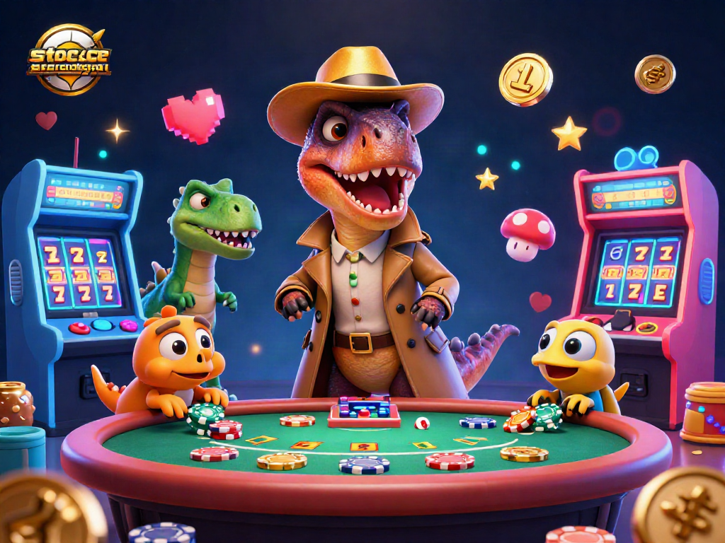 Engage in thrilling gameplay at stoeckerecological casino with a velociraptor counter, stegosaurus pit boss, and colorful gaming elements.