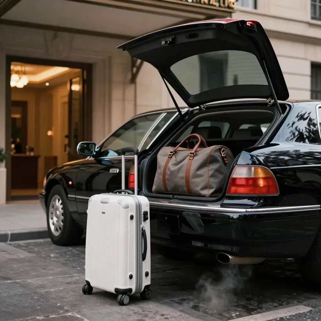 Sedán negro con maleta y bolsa de viaje junto a un hotel, listo para ir al aeropuerto.