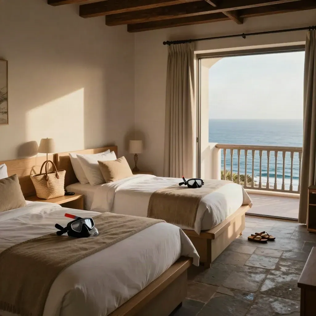 Suite familiar en Tenerife con cuatro camas hechas, bolsas de playa y balcón al mar.