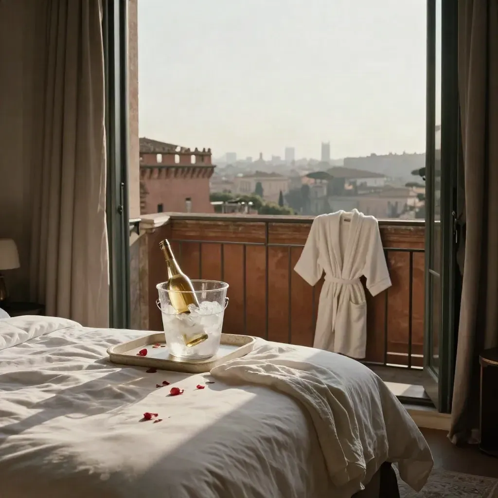 Suite romántica en Roma con sábanas blancas, hielo y pétalos, vistas a la ciudad