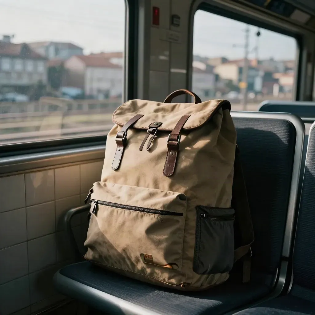 Maletas y mochila en un tren con Lisboa y Oporto deslizándose por la ventana