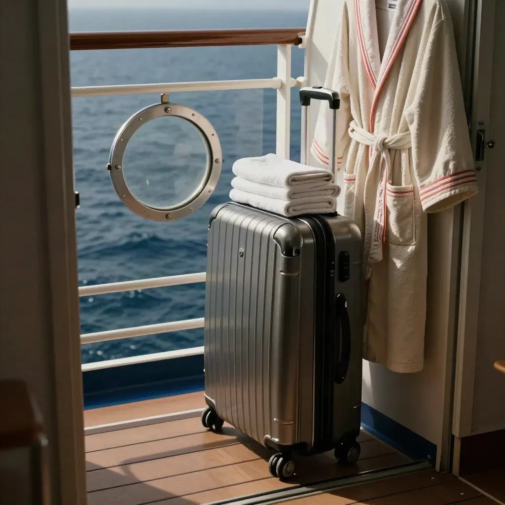 Cabina de crucero mediterráneo lista para zarpar, con maleta, toallas y vista al mar.