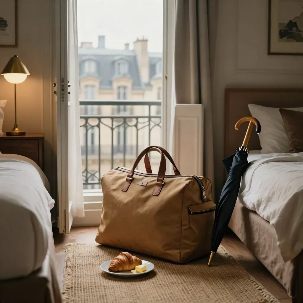 Habitación parisina con bolsa de viaje, paraguas, cruasán y tejados Haussmann al fondo.