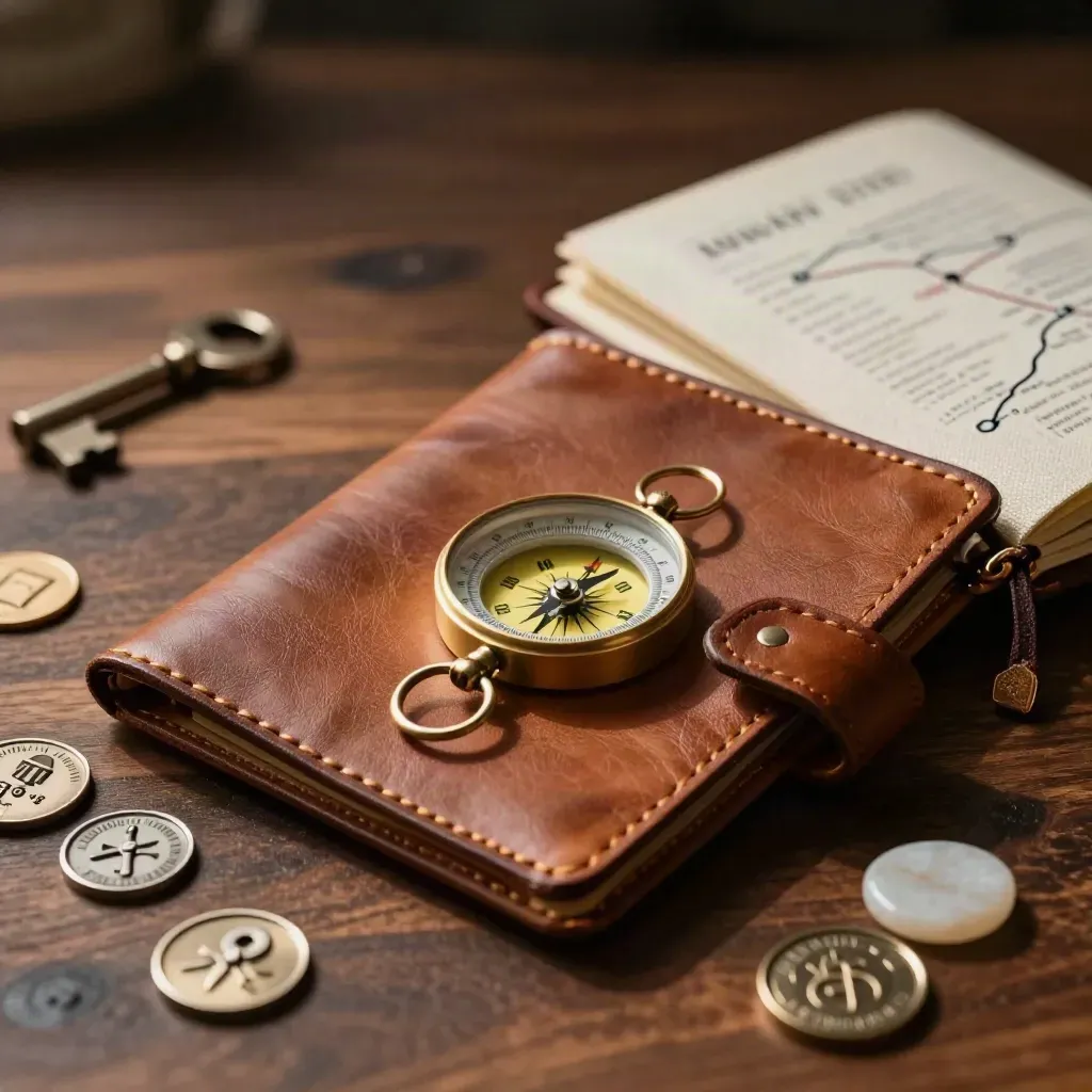 Planificador de viajes de cuero con brújula, libreta cerrada y fichas sobre mesa de nogal.
