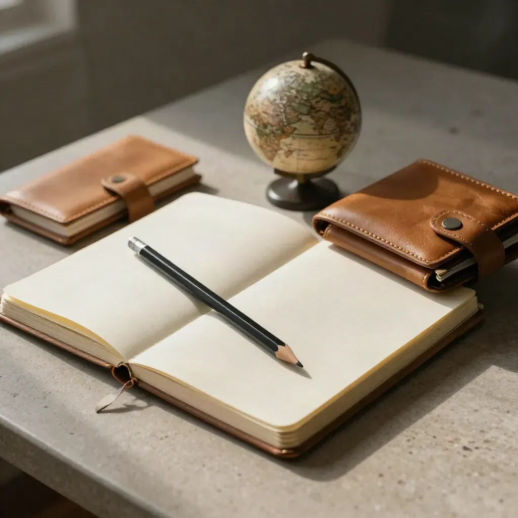 Cuaderno de viaje, lápiz, cartera de cuero y globo pequeño sobre mesa de piedra.