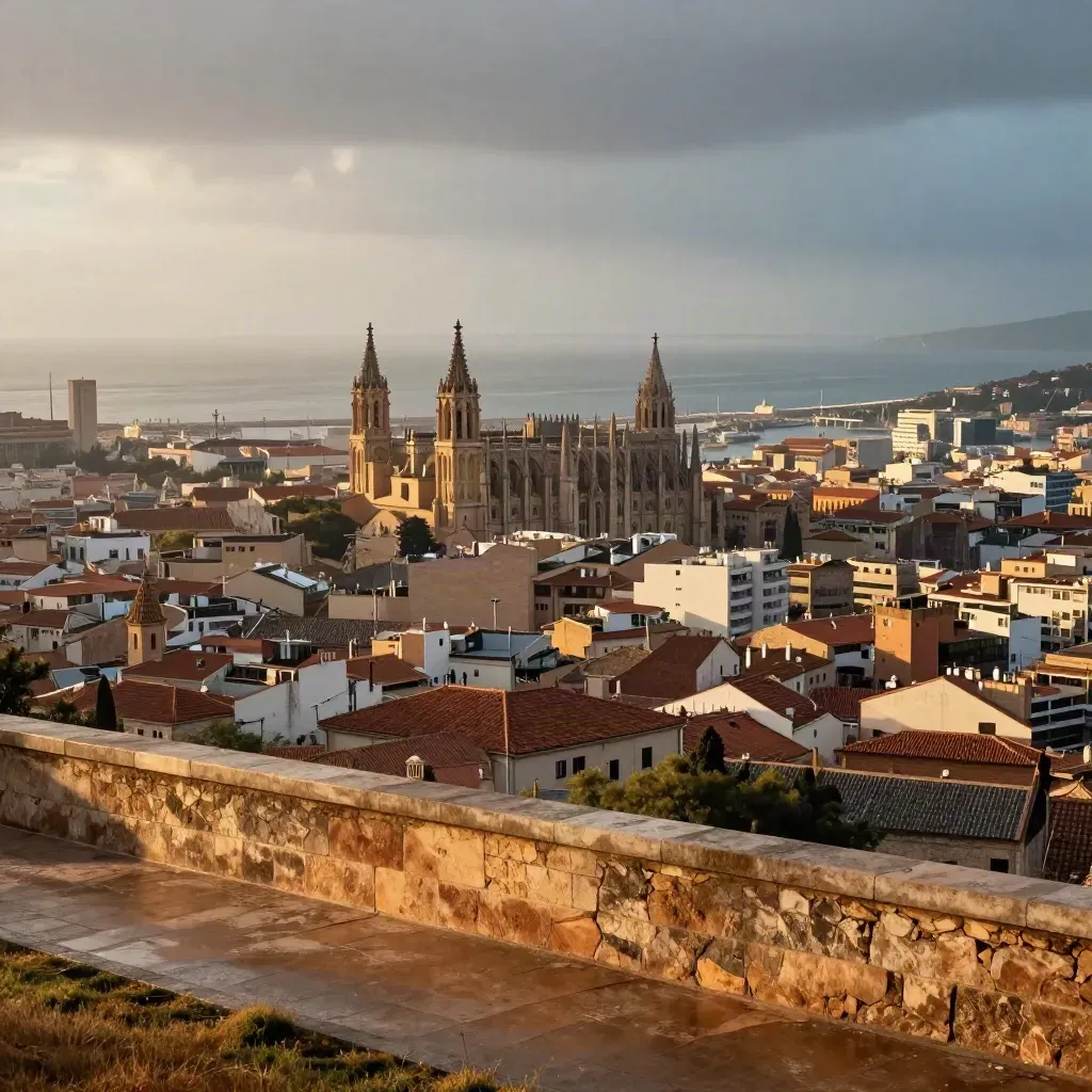 Barcelona al atardecer con la catedral alta y la costa entre bruma dorada