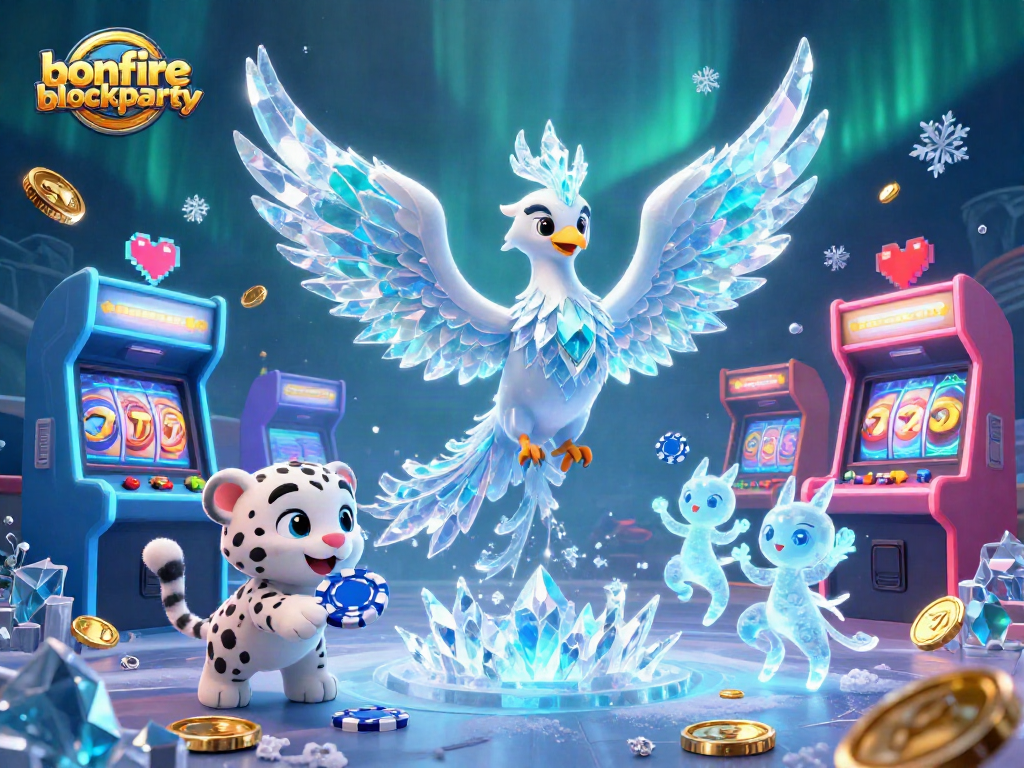 Engage in exciting gameplay at bonfireblockparty with a dynamic 3D casino scene featuring vibrant characters and symbols.